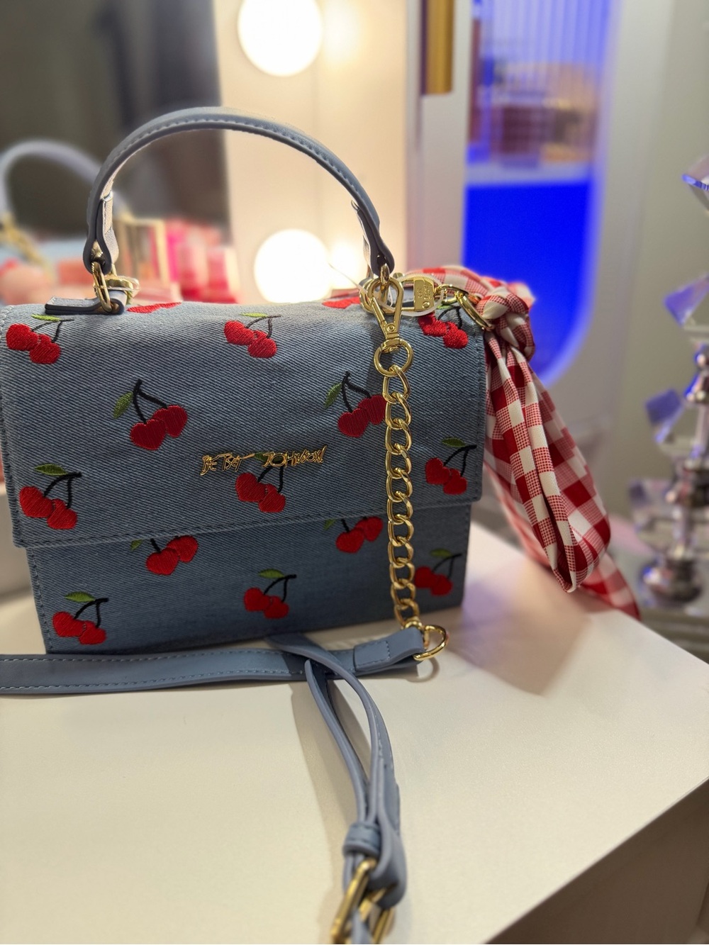 Betsey Johnson Light Blue Cherry-Embroidered Crossbody with Gold Chain